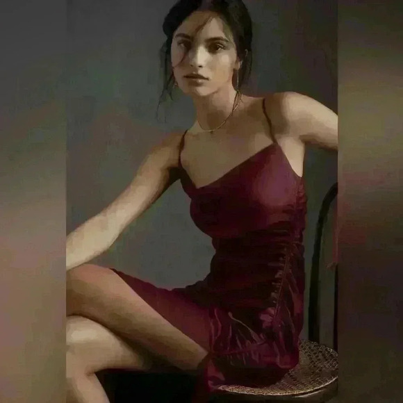 BHLDN DARK BERRY Women's Jennings Ruched Side-Slit Satin Gown - Picture 10 of 12